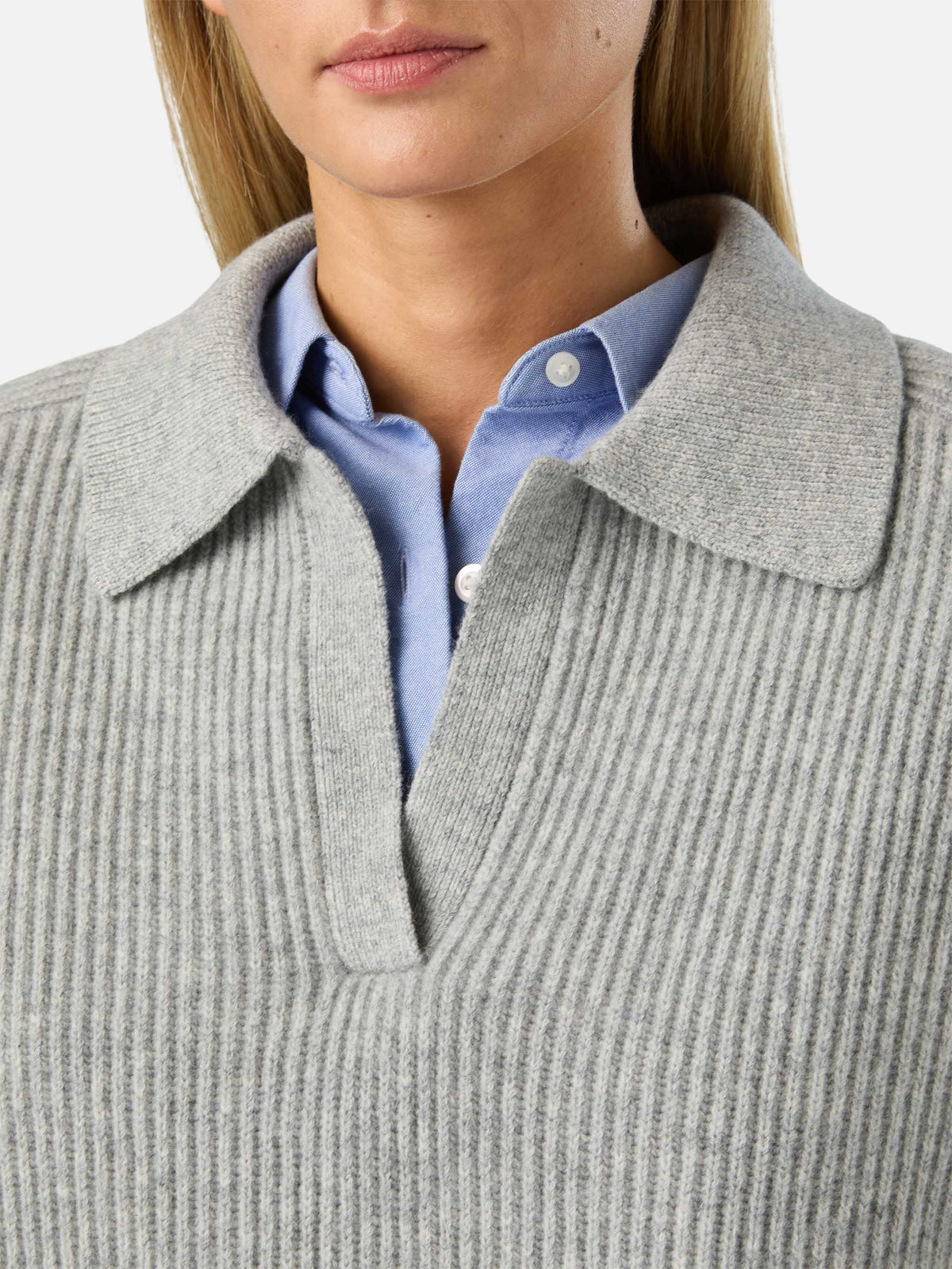 Grauer Strickpullover Yaoni aus Wolle mit Polokragen 