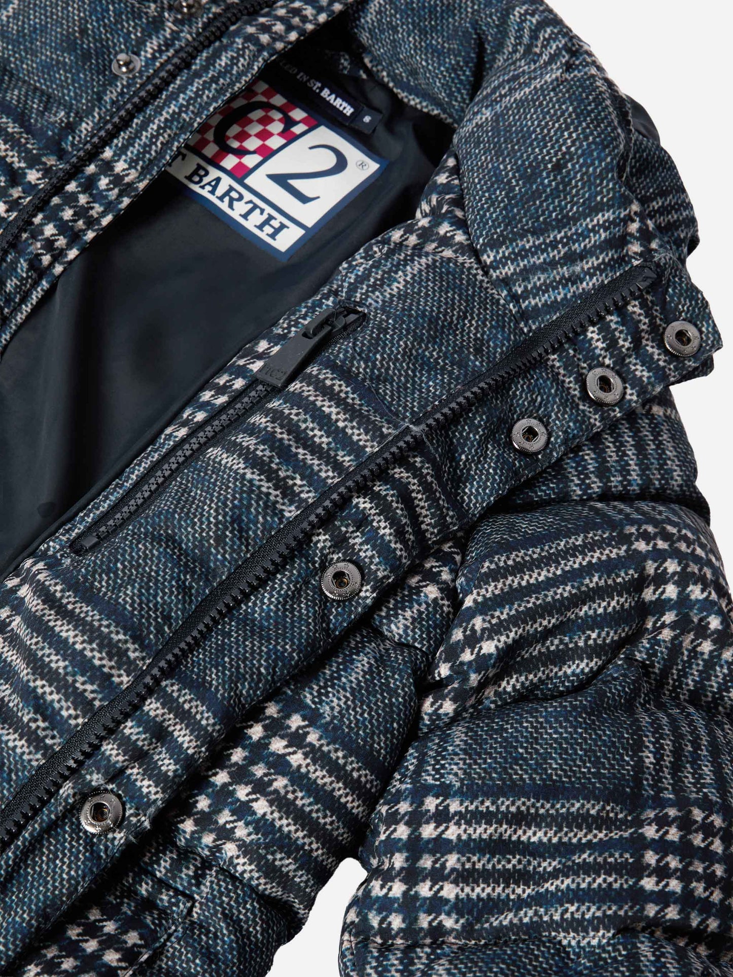 Hooded down padded jacket Baxter with Prince of Wales print