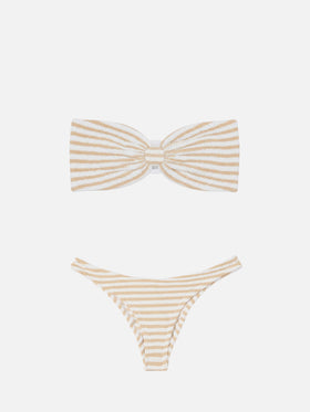 Yulia Elise Bandeau-Crinkle-Bikini mit regulären Swim-Slips und Streifenprint 