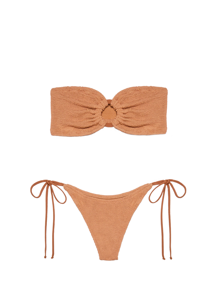Yulia Norah caramel brown crinkle bikini with bandeau top and cheekiest briefs