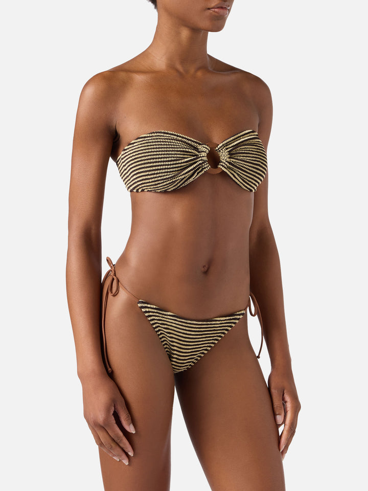 Bikini Yulia Marielle in tessuto crinkle a righe marrone e beige