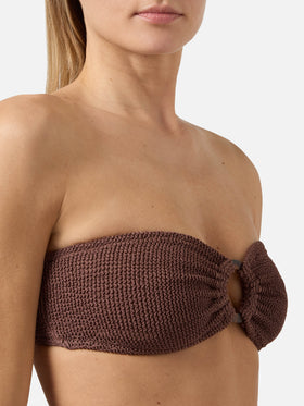 Top bikini Yulia a fascia in tessuto crinkle marrone
