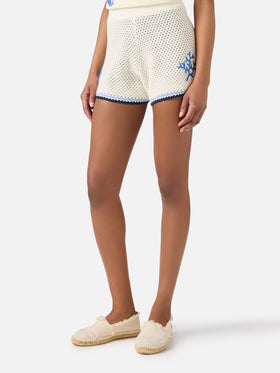 Yvette knit shorts with marine-themed crochet patches