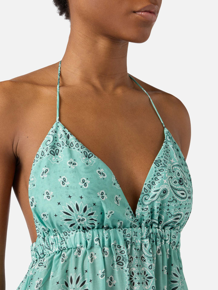 Abito lungo Zucky in seta con stampa bandana verde acqua