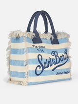 Borsa tote Vanity in tela di cotone a righe azzurre