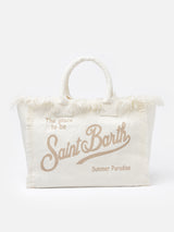 Cremeweiß gestreifte Vanity-Einkaufstasche aus Baumwollcanvas