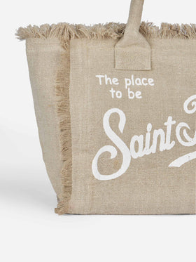 Vanity Schultertasche aus beigefarbenem Leinen