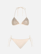 Woman triangle beige bikini with rhinestones