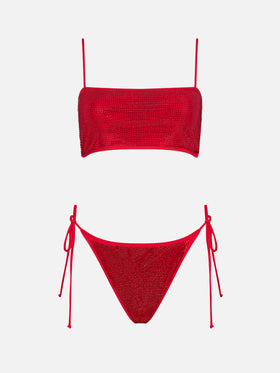 Roter Bandeau-Bikini für Damen mit Strasssteinen