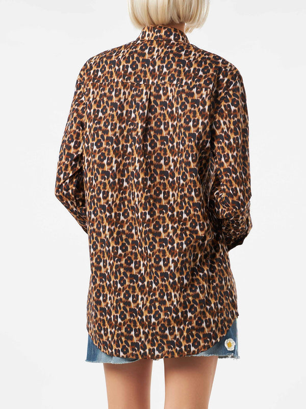Baumwollhemd mit Leopardenmuster und Stickerei