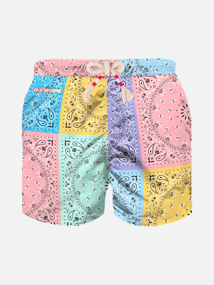 Boy swim shorts with multicolor bandanna print