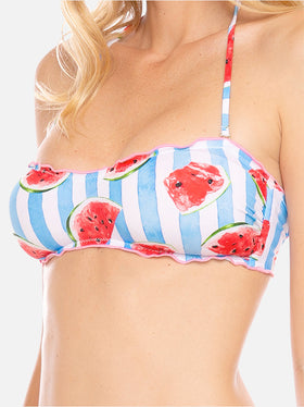 Woman bandeau top swimsuit with watermelon print