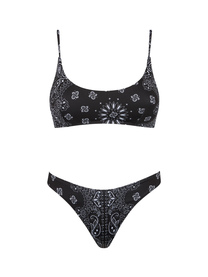 Damen-Bralette-Bikini mit schwarzem Bandana-Print