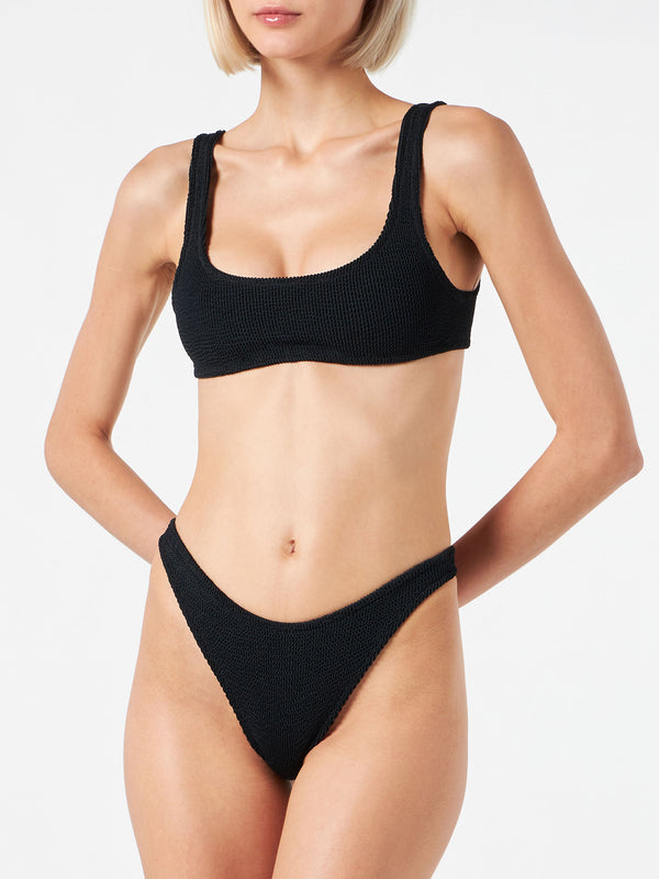 Schwarzer Crinkle-Bralette-Bikini für Damen