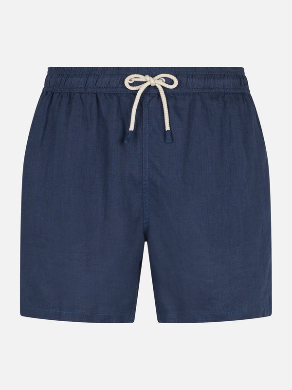 Man navy blue linen swim shorts
