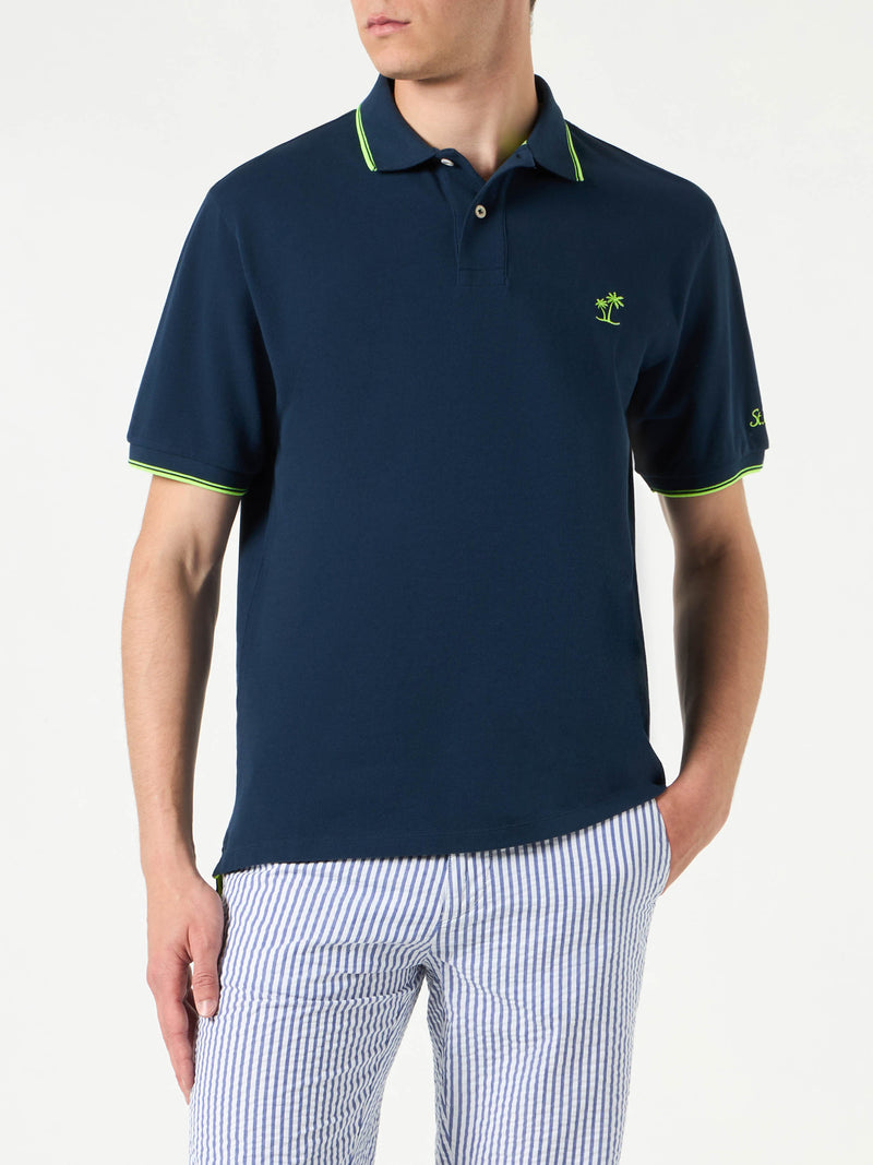 Polo in piquet blu con logo St. Barth e contrasti