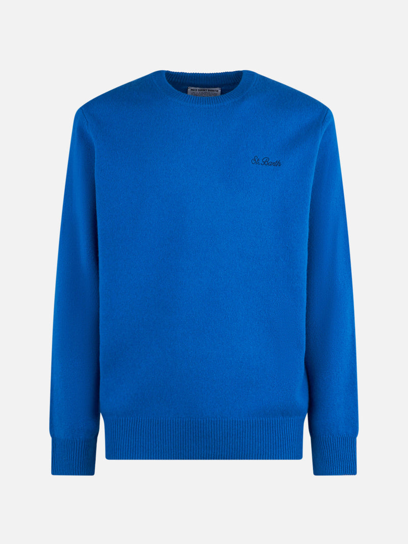 Blauer Herrenpullover mit Rundhalsausschnitt und St. Barth-Stickerei