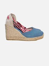 Blu print canvas espadrillas with hight wedge and ankle lace