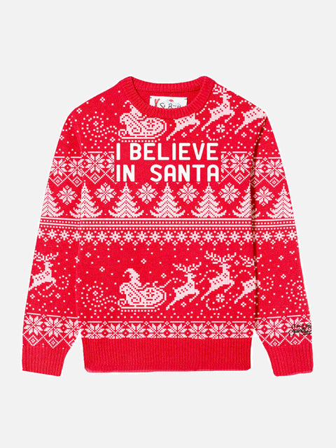 Boy crewneck sweater with I believe in Santa lettering - MC2 Saint Barth