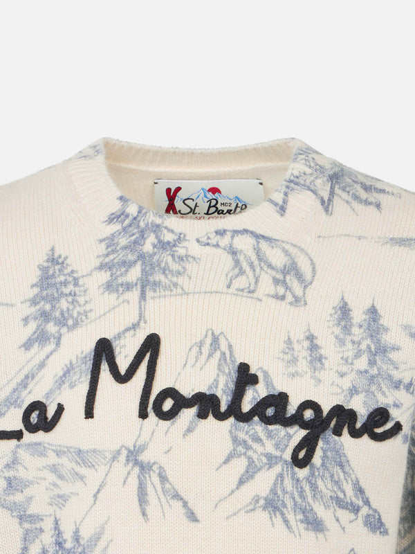 Toile de Jouy-Pullover für Jungen mit Rundhalsausschnitt und La Montagne-Stickerei
