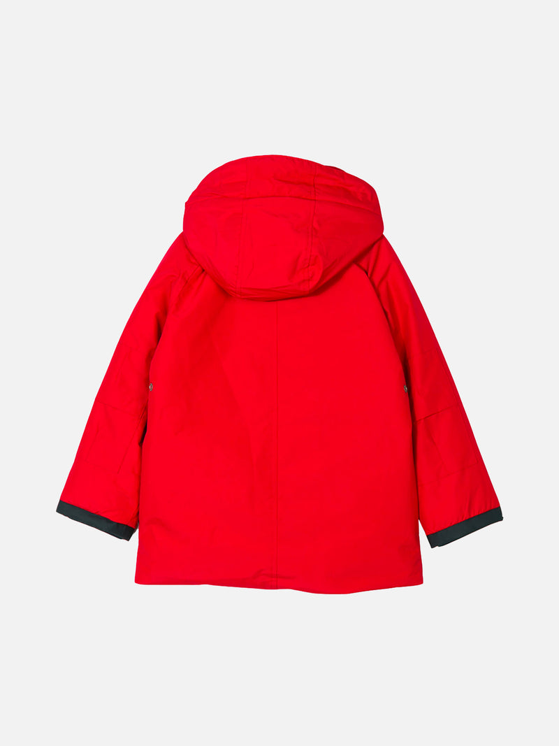Boy hooded red parka jacket