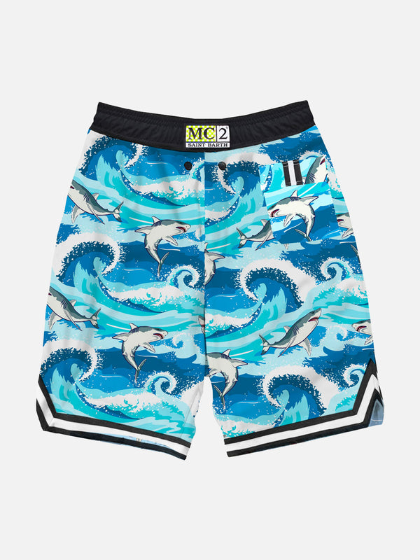 Jungen-Badeshorts im Surf-Stil mit Hai-Print