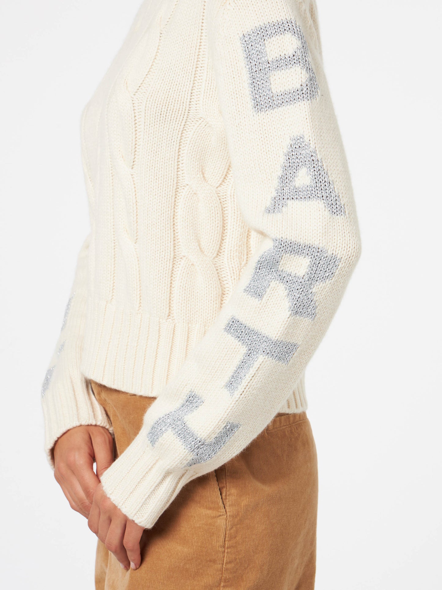 Maglione da donna girocollo intrecciato con stampa Saint Barth lurex