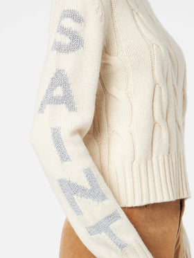 Maglione da donna girocollo intrecciato con stampa Saint Barth lurex