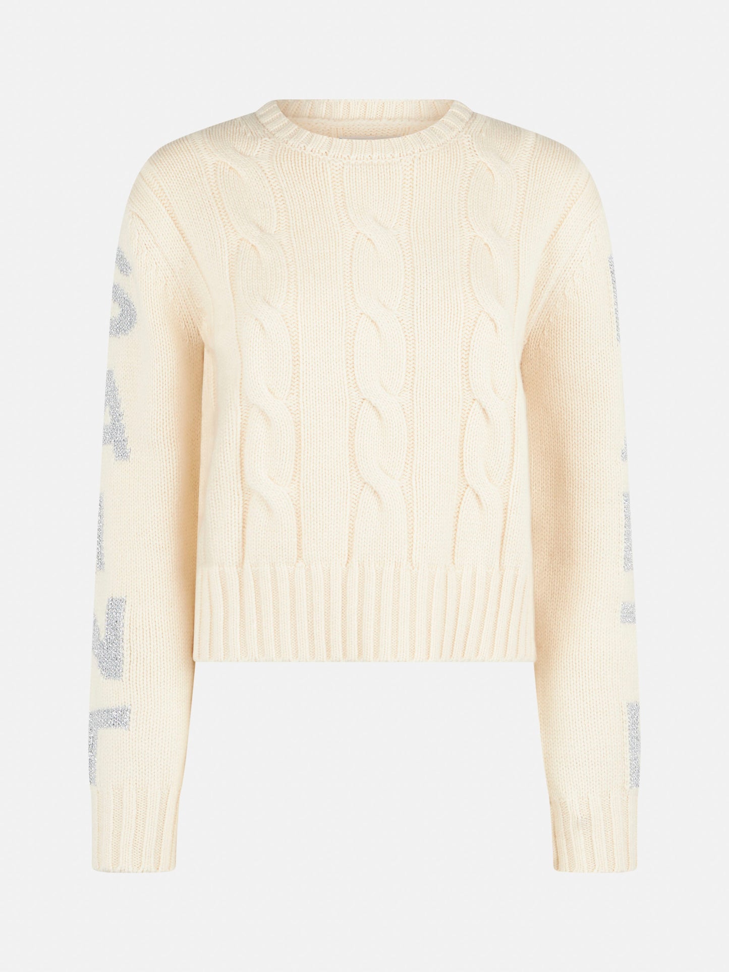 Maglione da donna girocollo intrecciato con stampa Saint Barth lurex