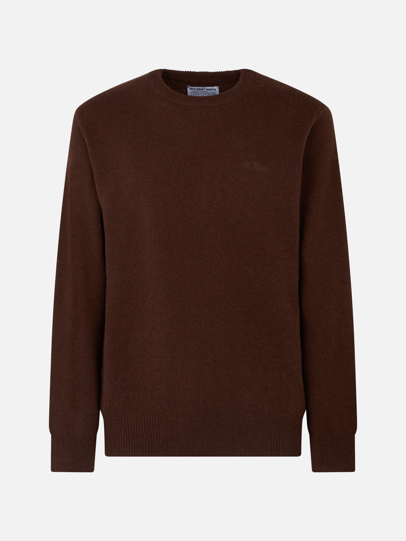 Man crewneck brown sweater with St. Barth embroidery