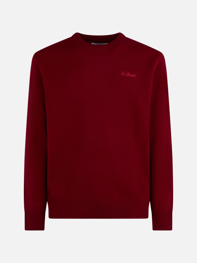 Man crewneck burgundy sweater with St. Barth embroidery