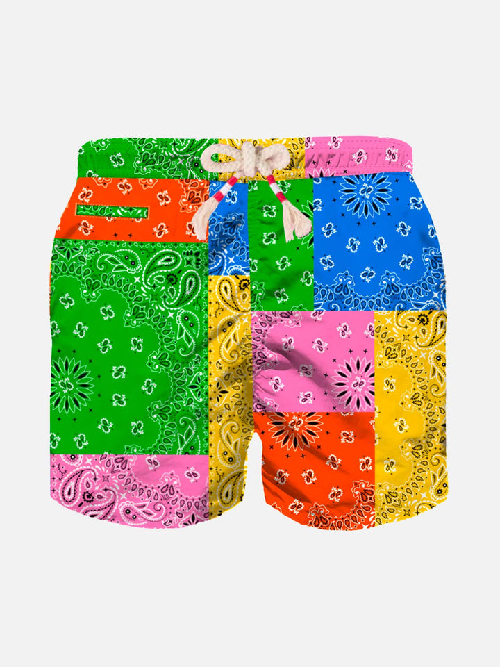 Boy swim shorts with multicolor bandanna print
