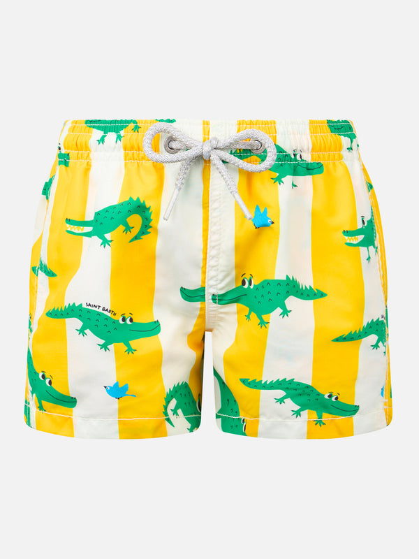 Boy mid-length Jean swim-shorts with crocodile print