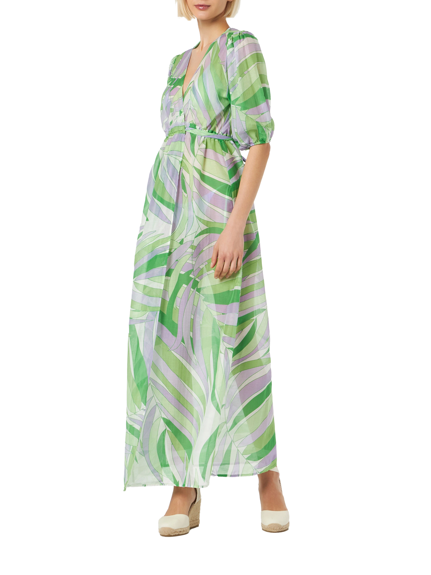 Langes Kleid Bliss aus Baumwolle und Seide mit Palmenprint