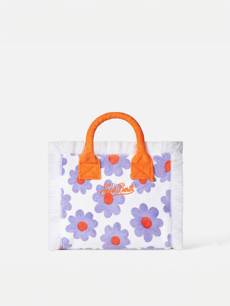 Colette-Handtasche aus Frottee mit violettem und orangefarbenem Gänseblümchen-Print