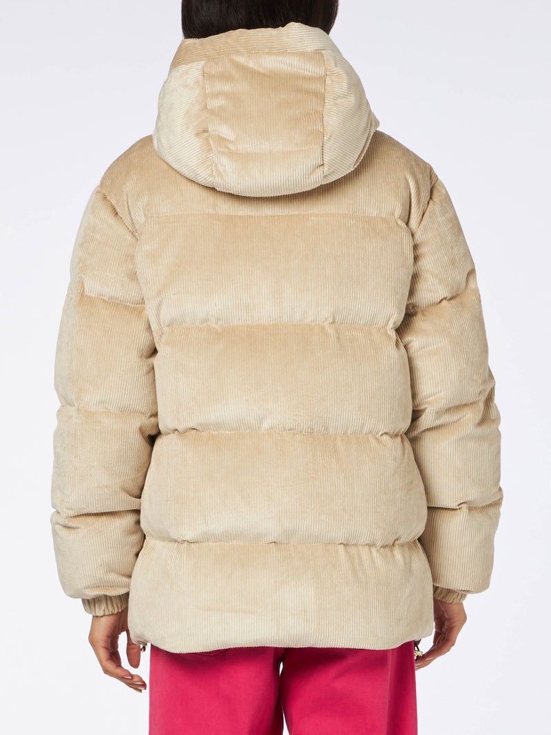 Beigefarbene Damen-Daunenjacke aus Cord mit Kapuze