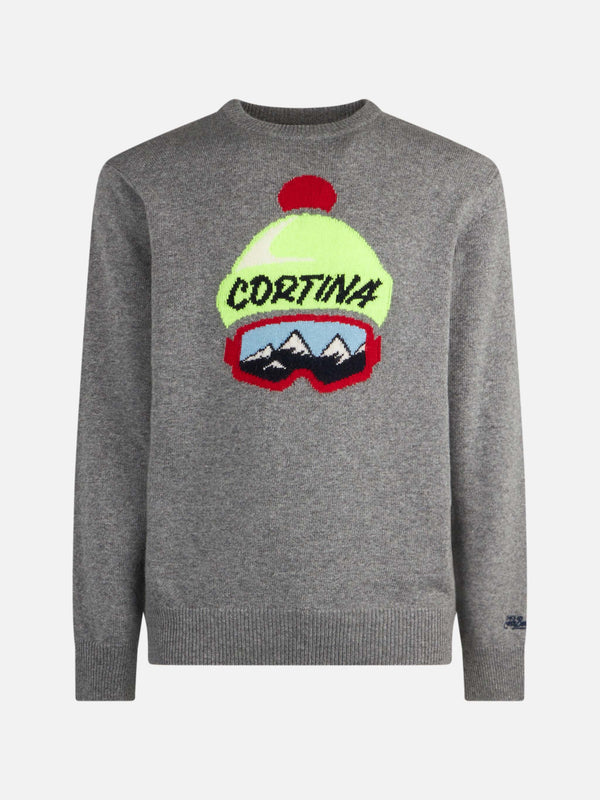 Man crewneck sweater with Cortina hat jacquard print