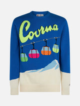 Man crewneck sweater with Courma cable postacard jacquard print