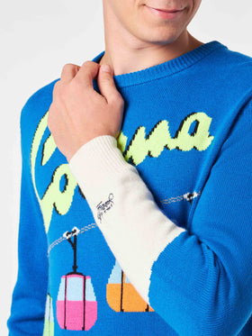 Maglione da uomo girocollo con stampa jacquard cartolina Courma  e seggiovia