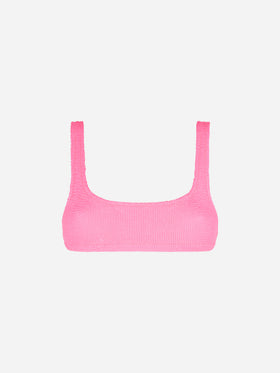 Woman fluo pink crinkle bralette top swimsuit