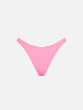 Damen-Schwimmslip in Fluo-Rosa in Crinkle-Optik