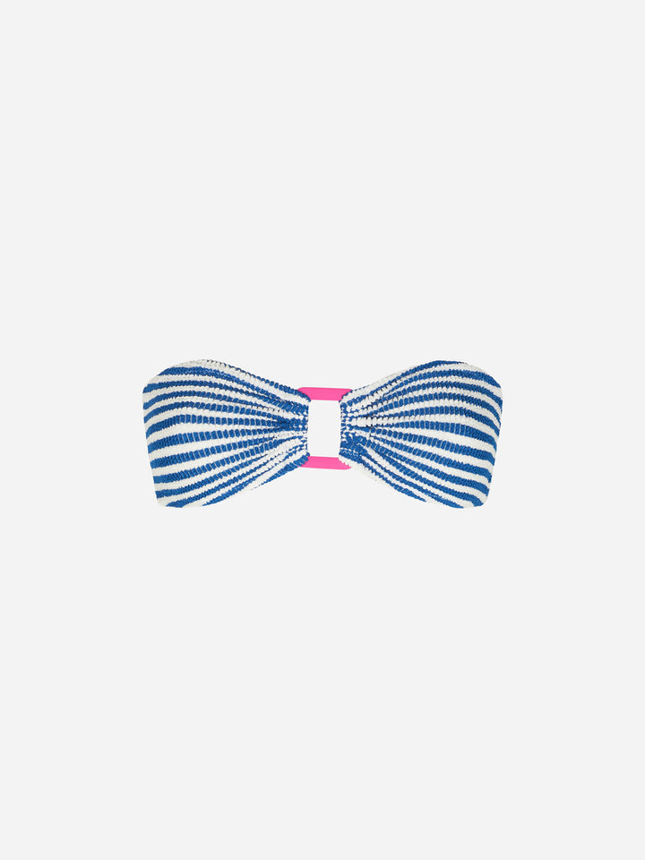 Woman crinkle striped bandeau top swimsuit