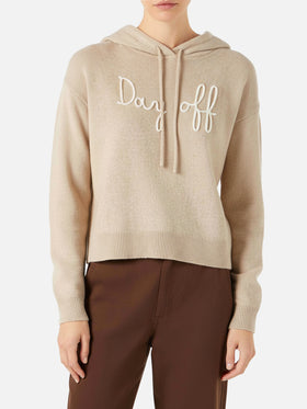 Felpa cropped in maglia da donna con cappuccio e ricamo Day Off
