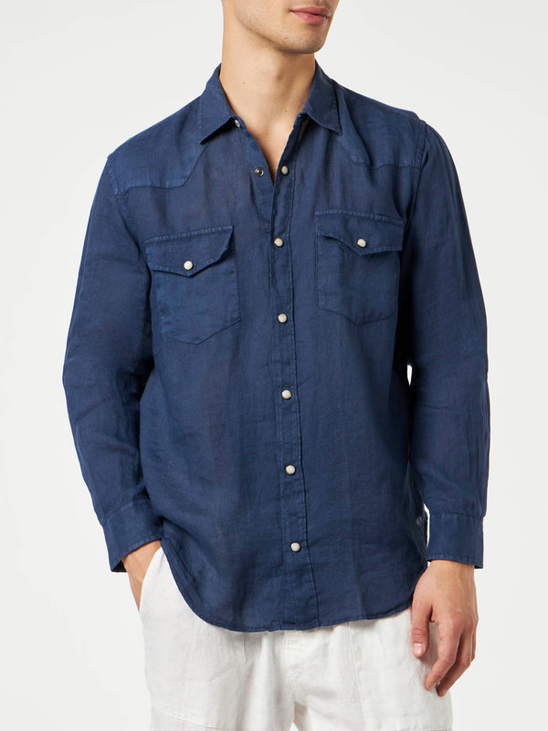 Camicia in lino denim scuro