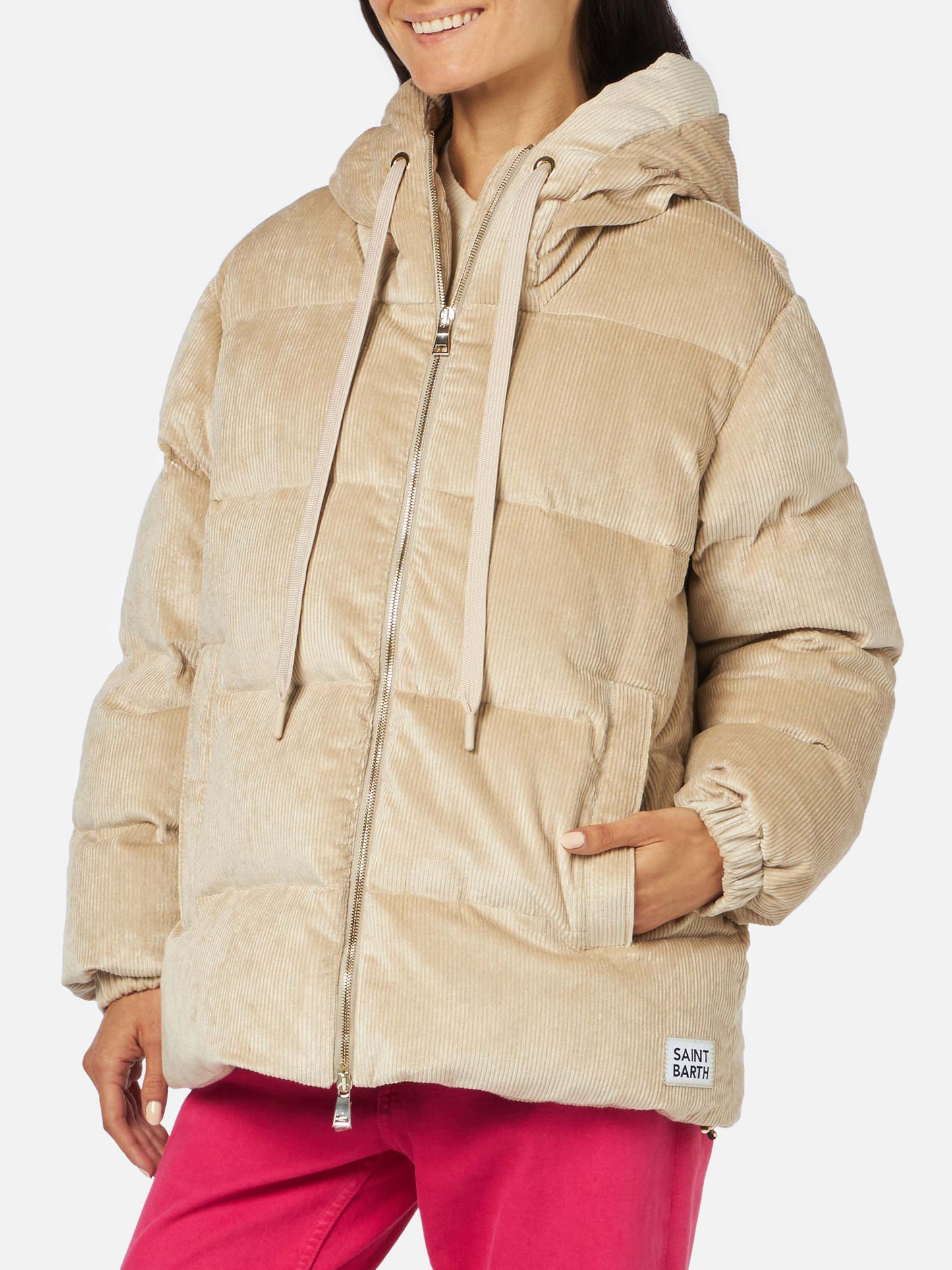 Beigefarbene Damen-Daunenjacke aus Cord mit Kapuze