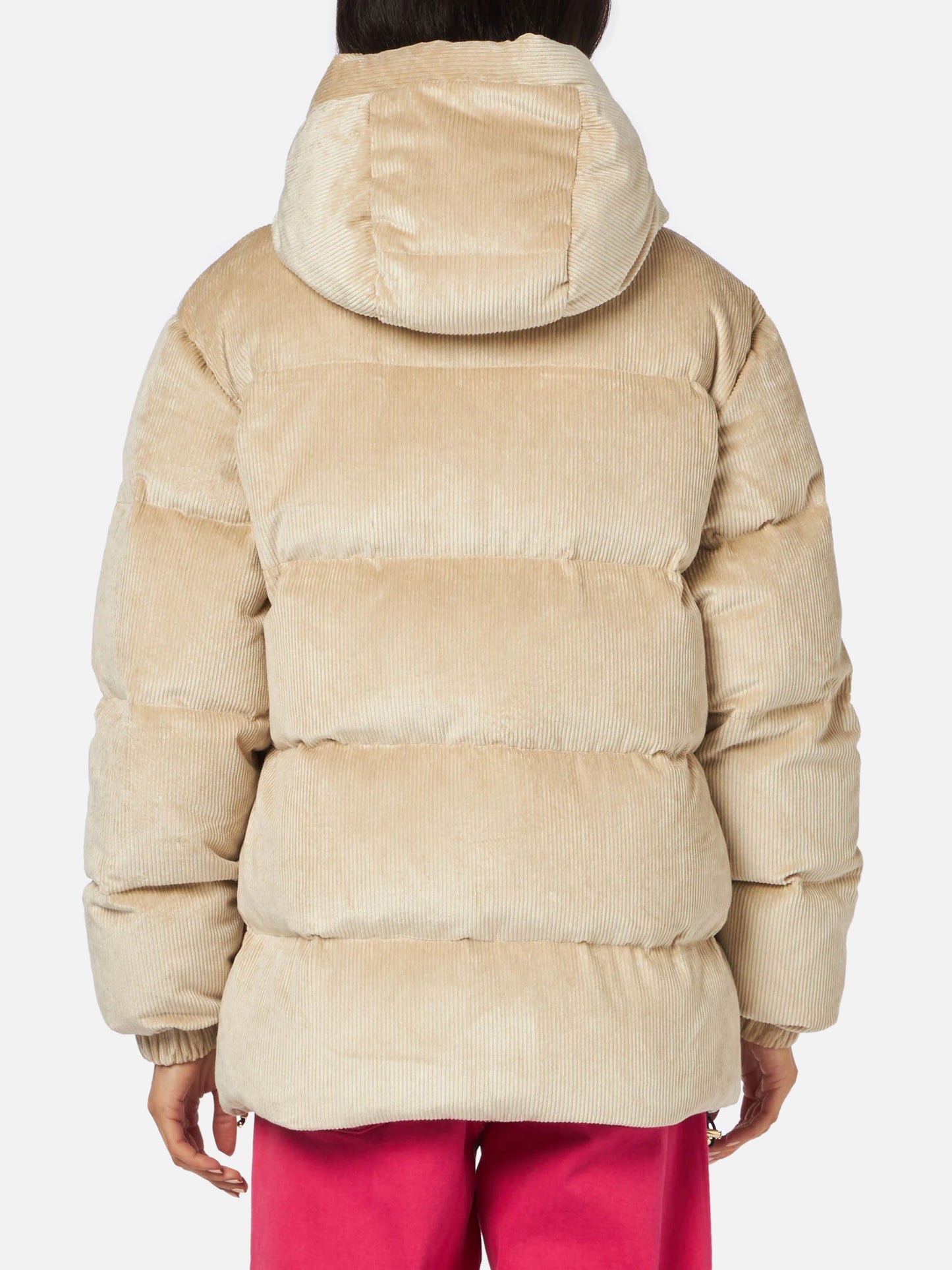 Beigefarbene Damen-Daunenjacke aus Cord mit Kapuze