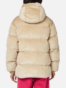 Beigefarbene Damen-Daunenjacke aus Cord mit Kapuze