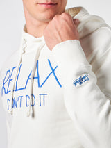 Man white hoodie with Relax Don't do it embroidery