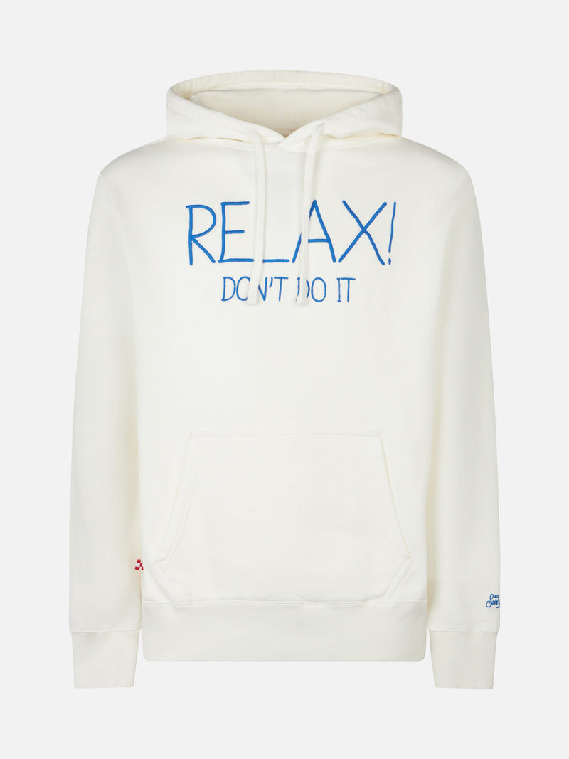 Man white hoodie with Relax Don't do it embroidery