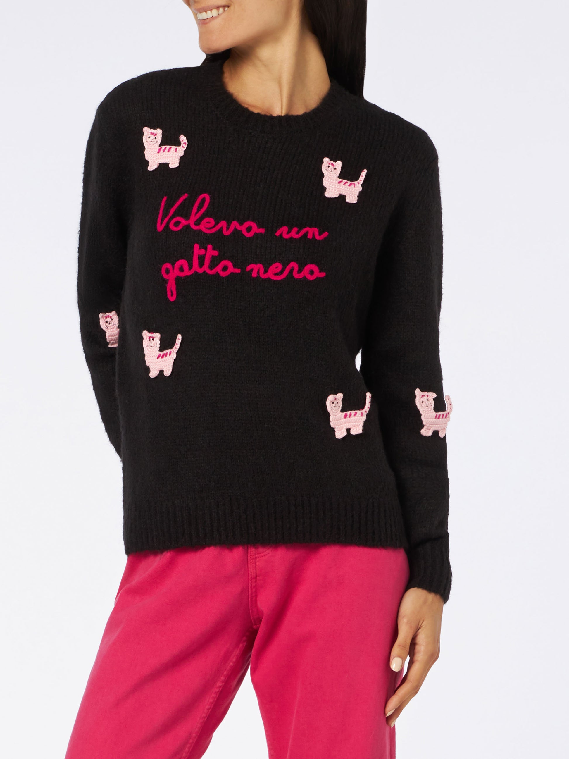 Woman crewneck soft sweater with cats crochet patch and Volevo un Gatto Nero embroidery - MC2 Saint Barth
